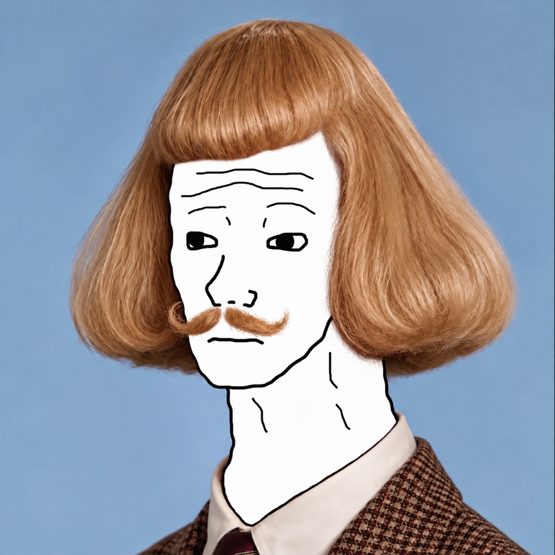 Wojak Phil in a tweed jacket, with copper bob hair and a moustache